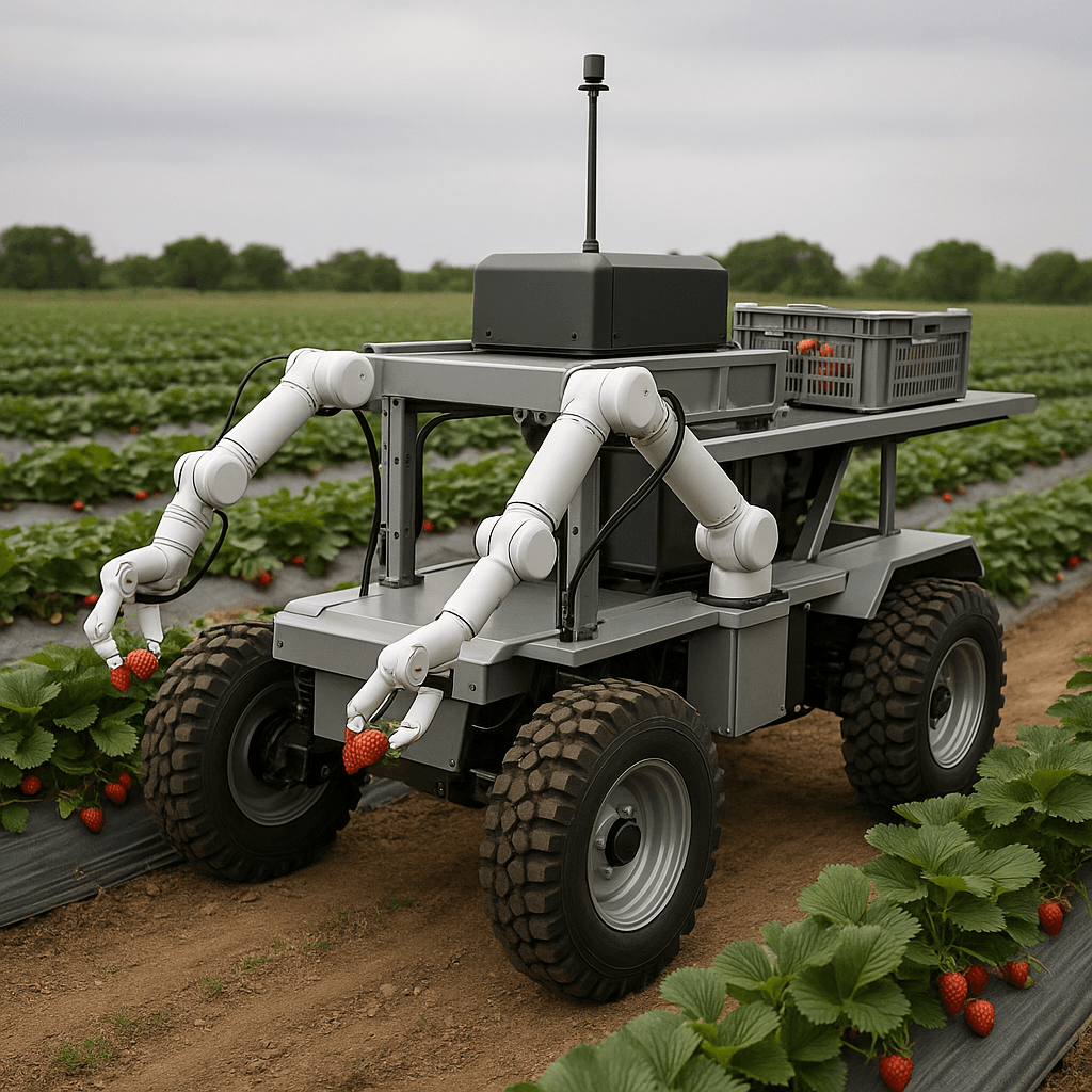 DeerRobot harvesting in strawberry rows